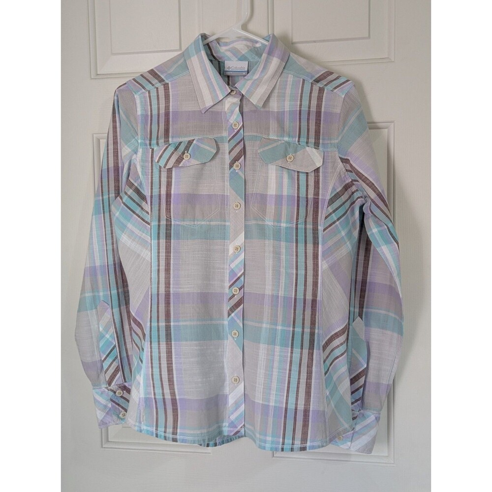 Columbia L/S Button Shirt Womens Medium Pastel Plaid Pockets Outdoors Logo EUC